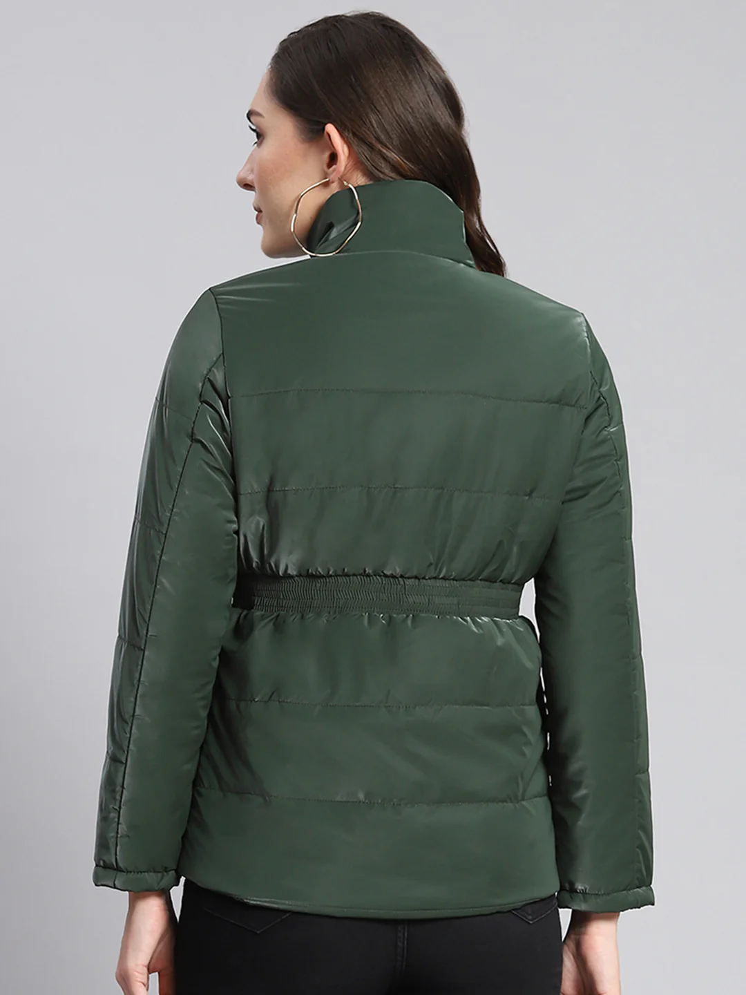Women Green Solid Stand Collar Full Sleeve Jackets - Image 6