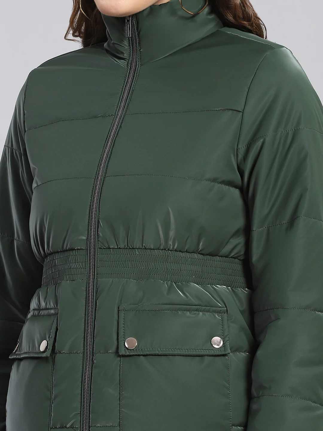 Women Green Solid Stand Collar Full Sleeve Jackets - Image 7