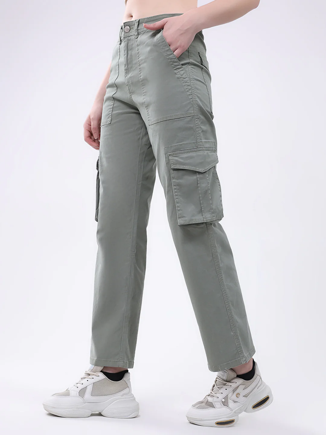 Women Green Solid Straight Fit Cargo - Image 3
