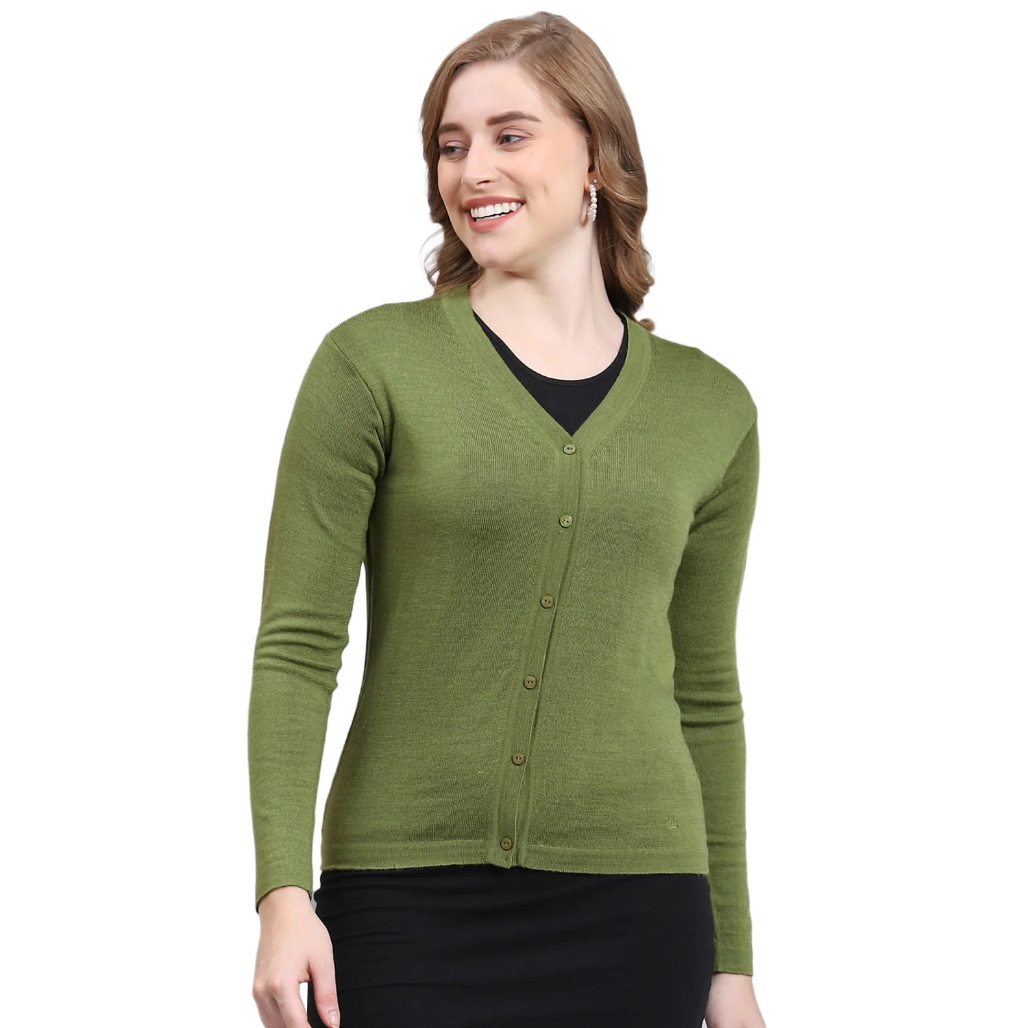 Women Green Solid V Neck Full Sleeve Cardigan - Image 5