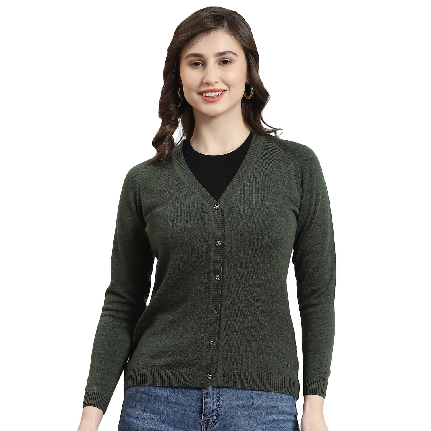 Women Green Solid V Neck Full Sleeve Cardigan - Image 5