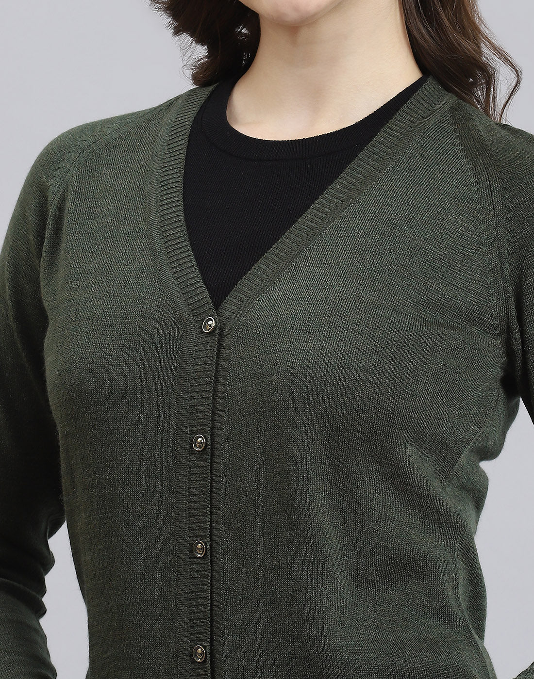 Women Green Solid V Neck Full Sleeve Cardigan - Image 7