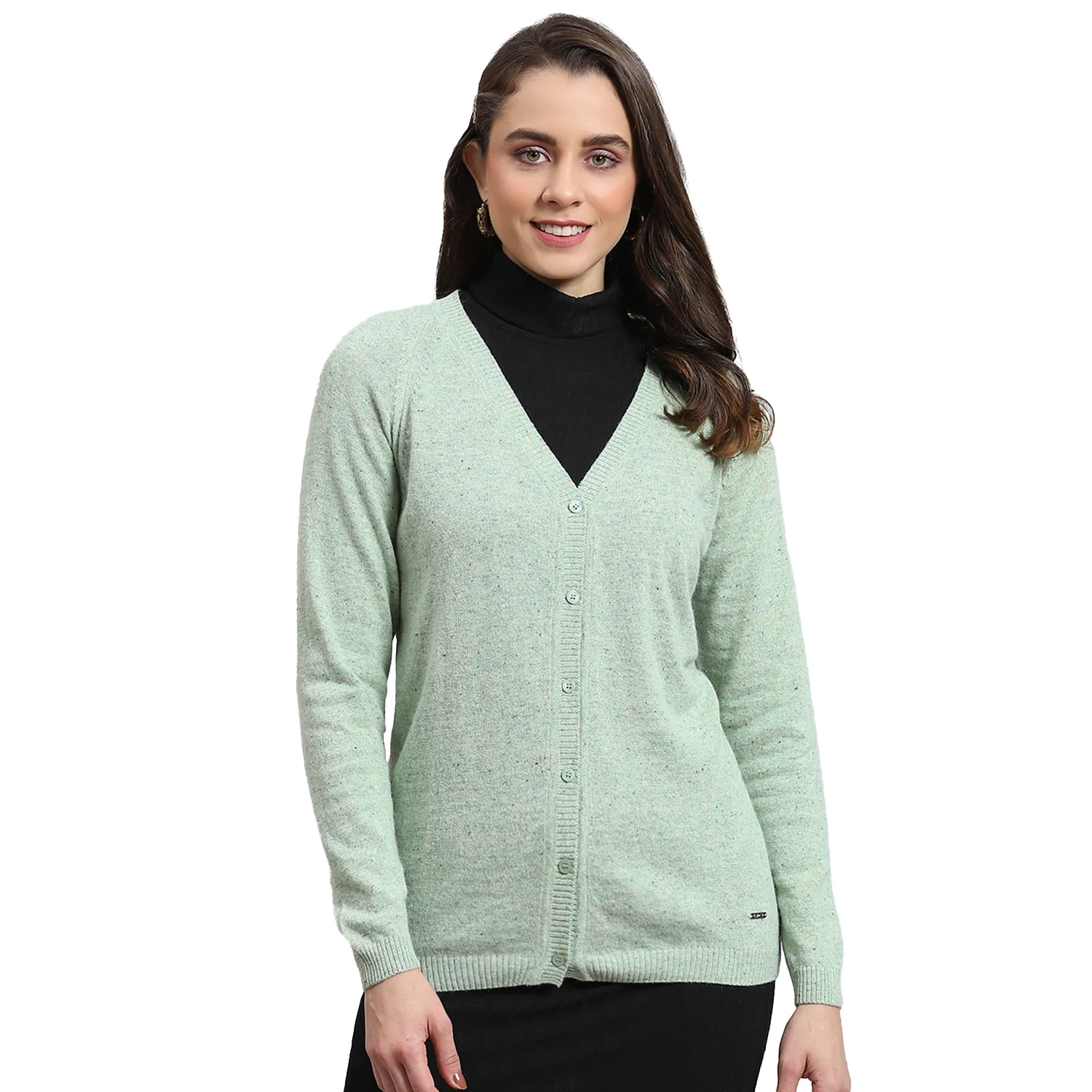 Women Green Solid V Neck Full Sleeve Cardigan - Image 5