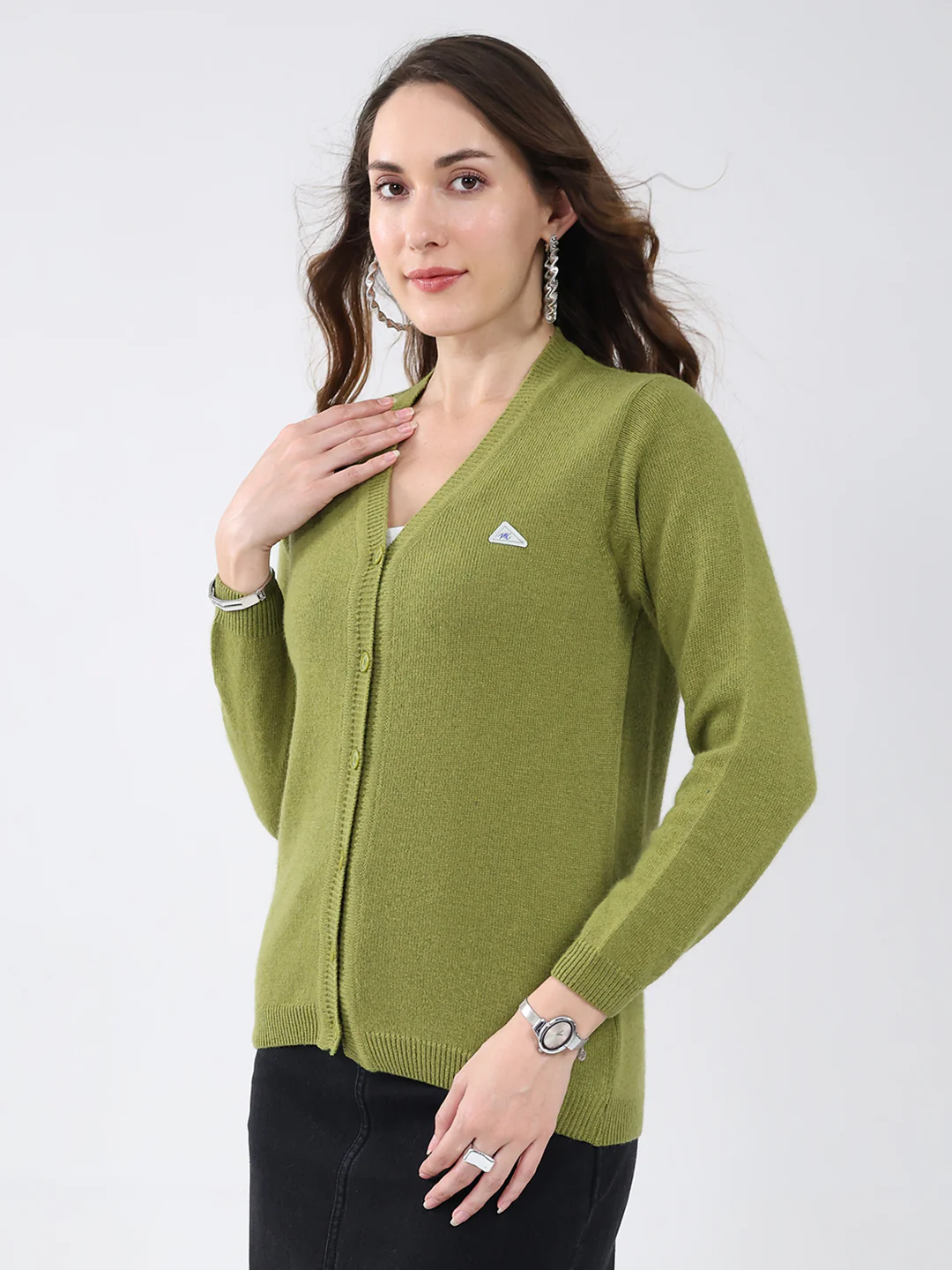 Women Green Solid V Neck Full Sleeve Cardigan - Image 3