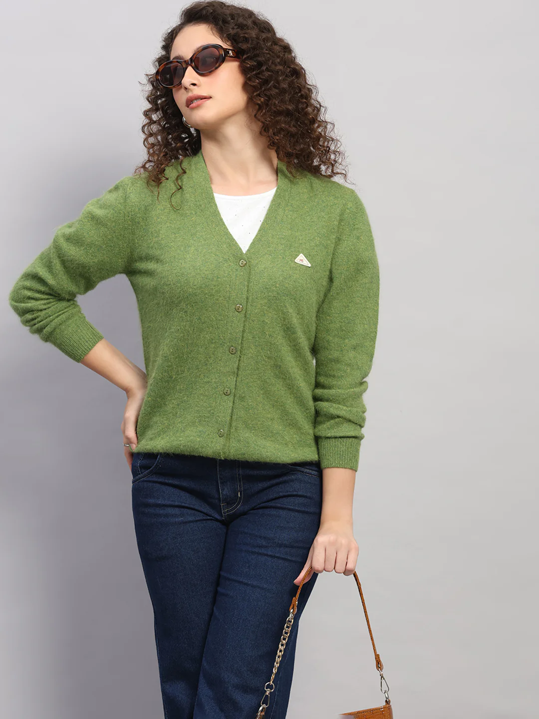 Women Green Solid V Neck Full Sleeve Cardigan - Image 6