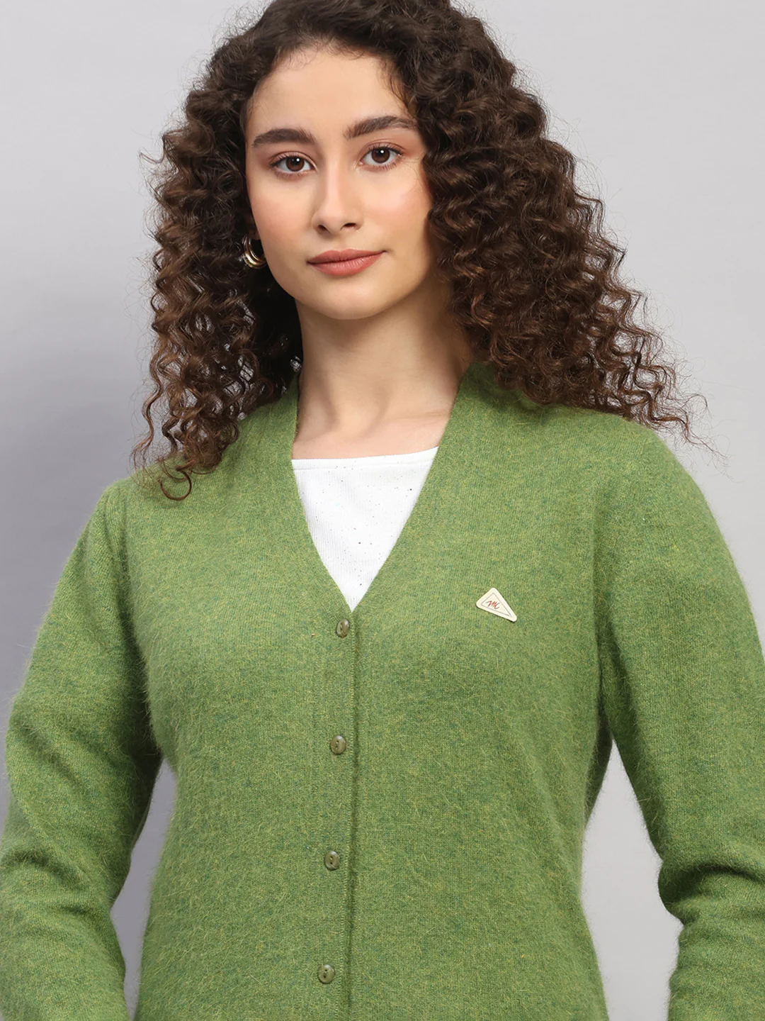 Women Green Solid V Neck Full Sleeve Cardigan - Image 7