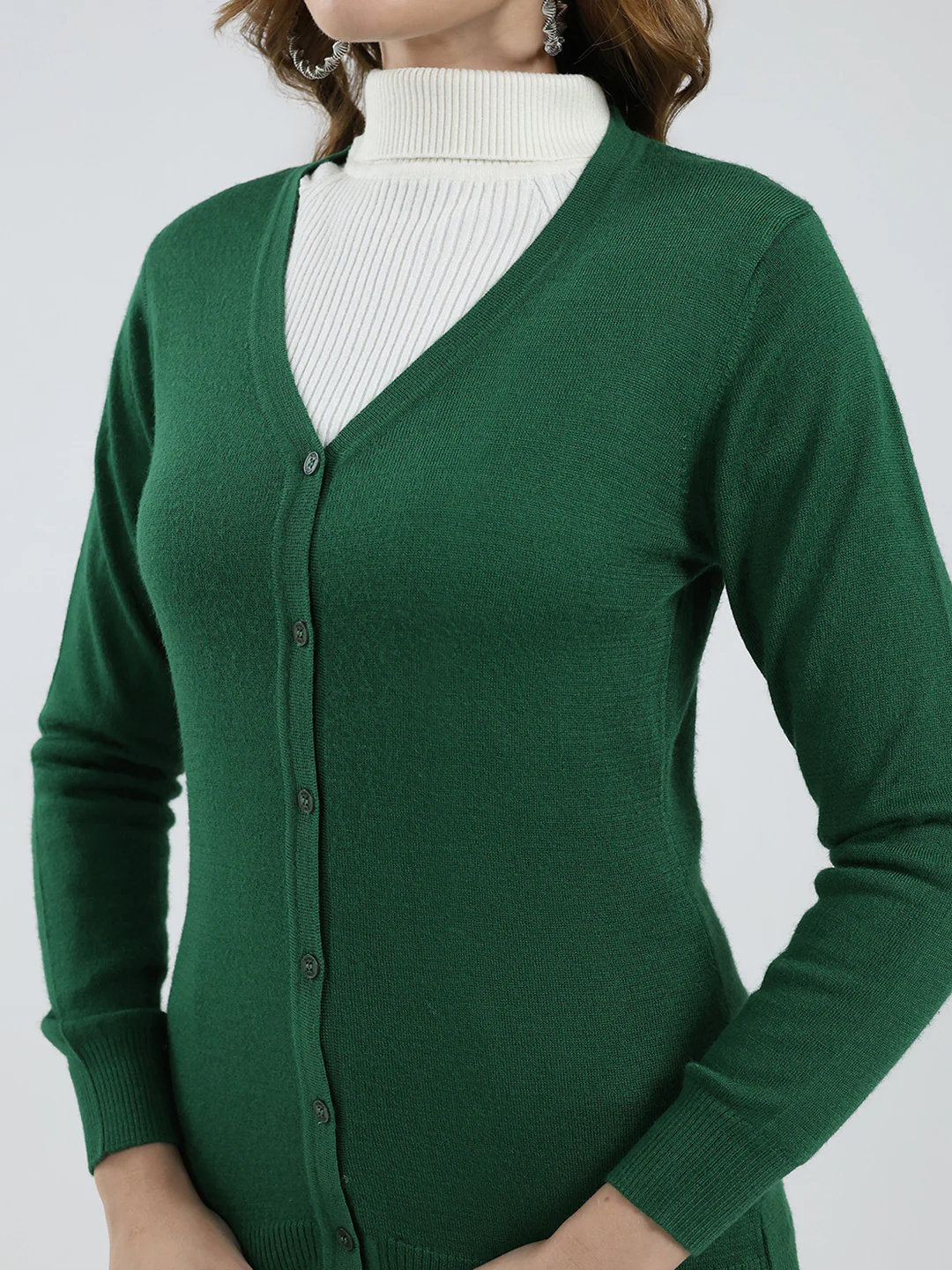 Women Green Solid V Neck Full Sleeve Cardigan - Image 6