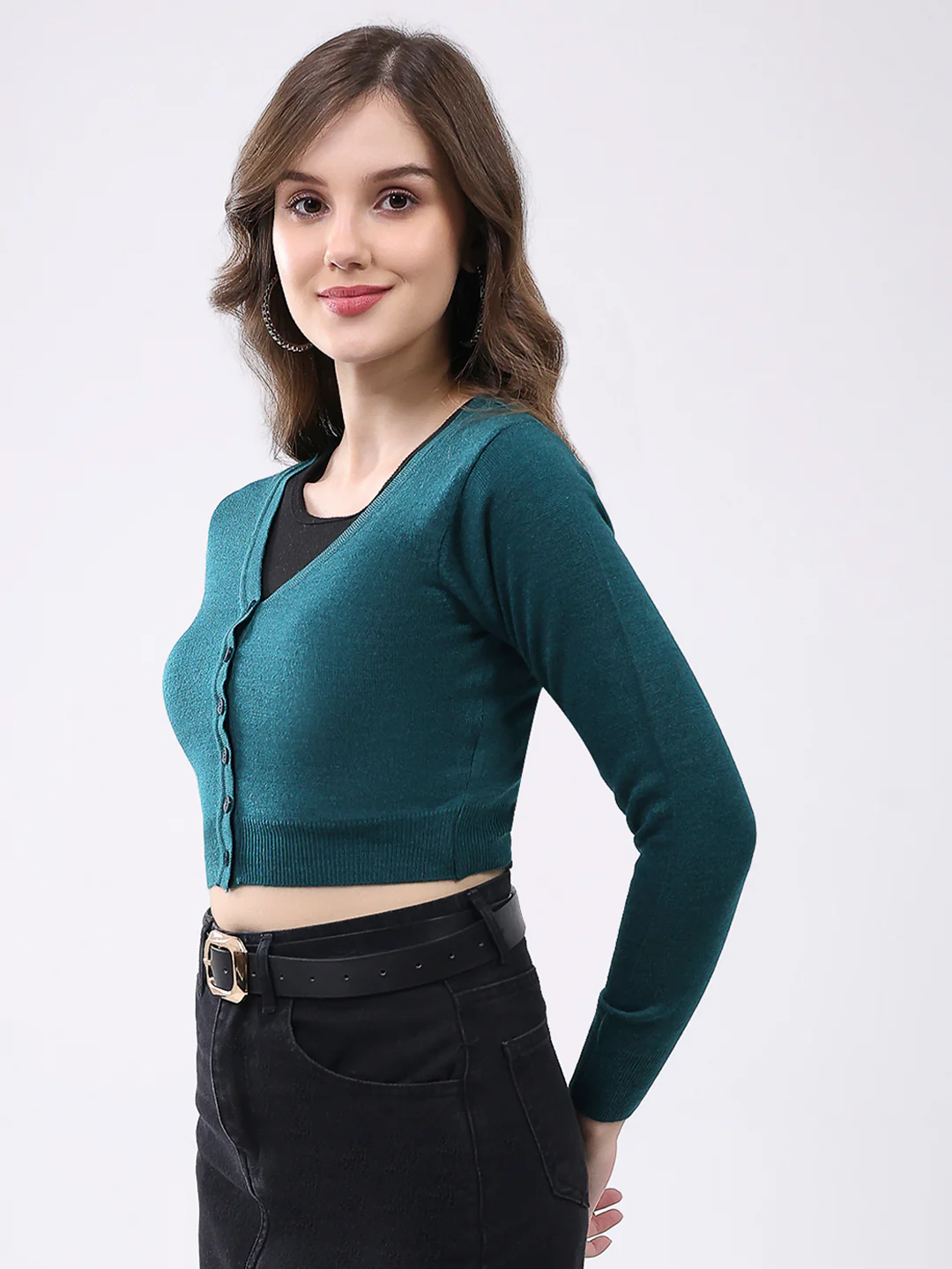 Women Green Solid V Neck Full Sleeve Cardigan - Image 3