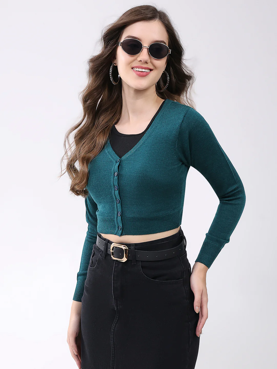 Women Green Solid V Neck Full Sleeve Cardigan - Image 6
