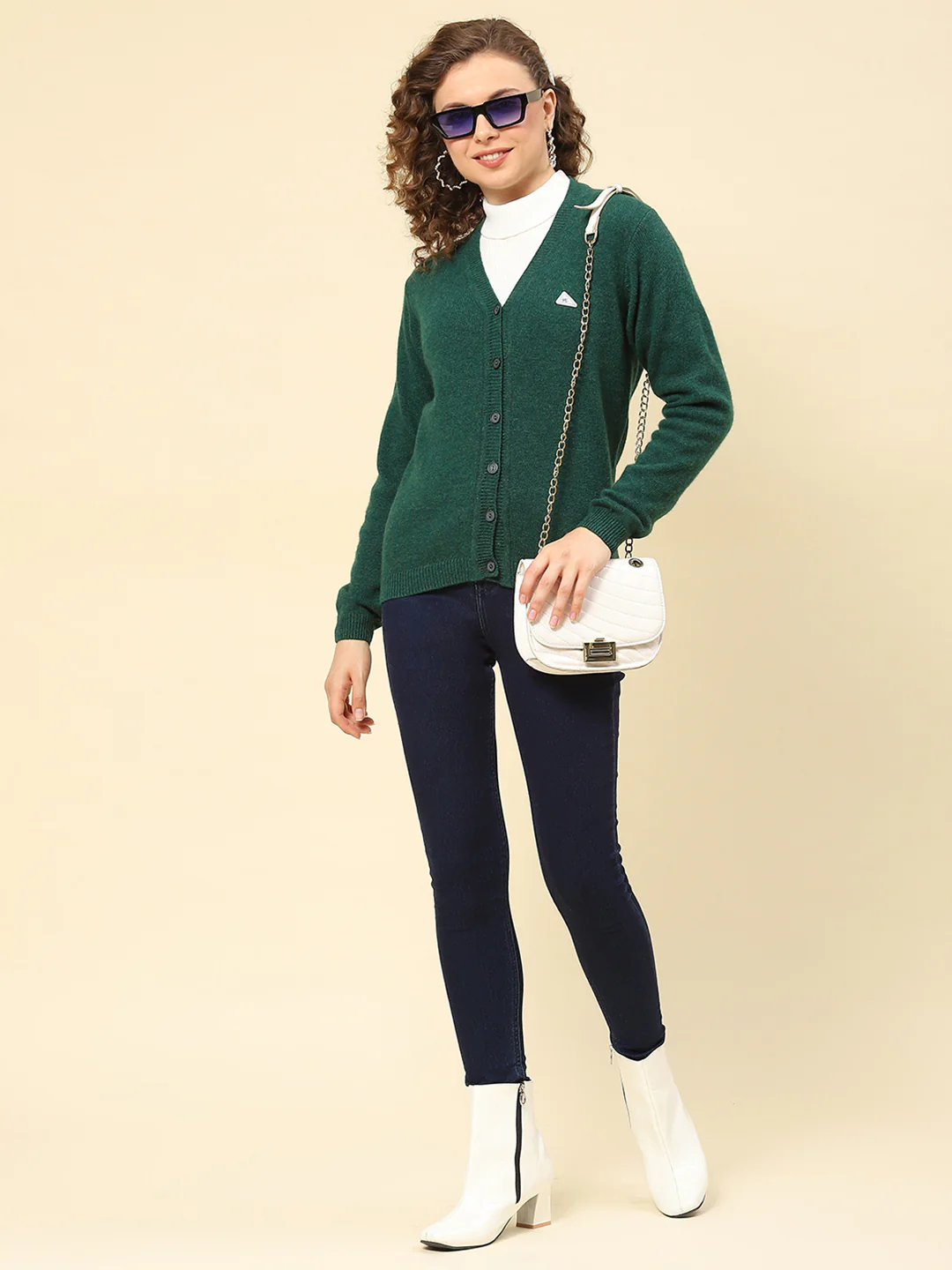 Women Green Solid V Neck Full Sleeve Cardigans - Image 2