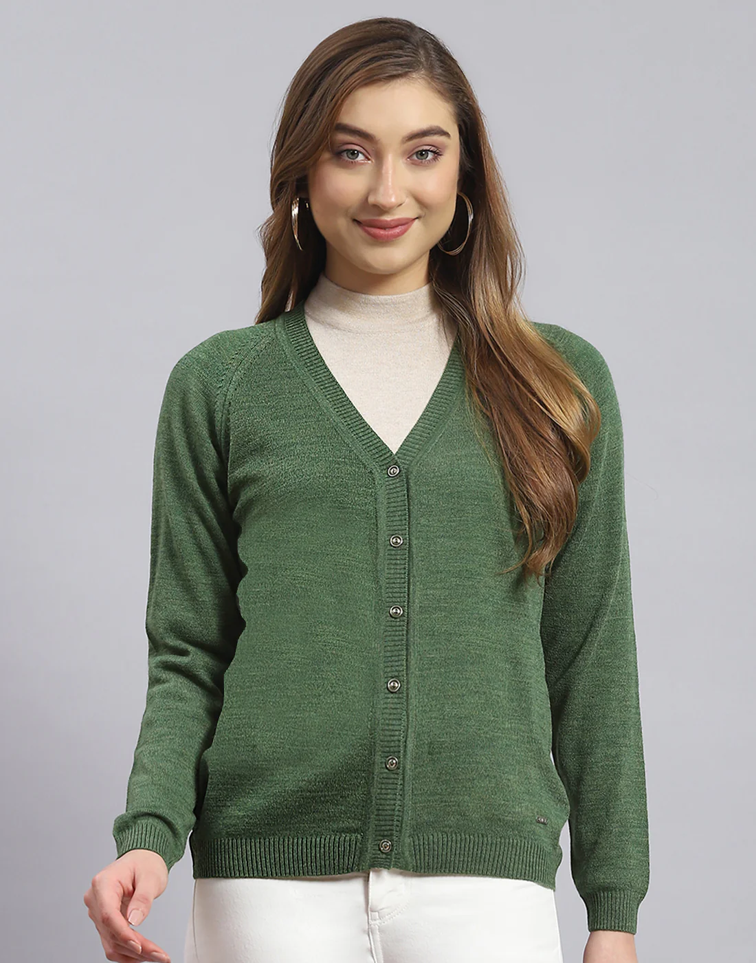 Women Green Solid V Neck Full Sleeve Sweater - Image 2