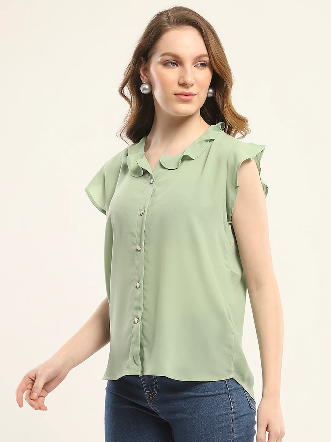 Women Green Solid V Neck Sleeveless Winte Top - Image 3