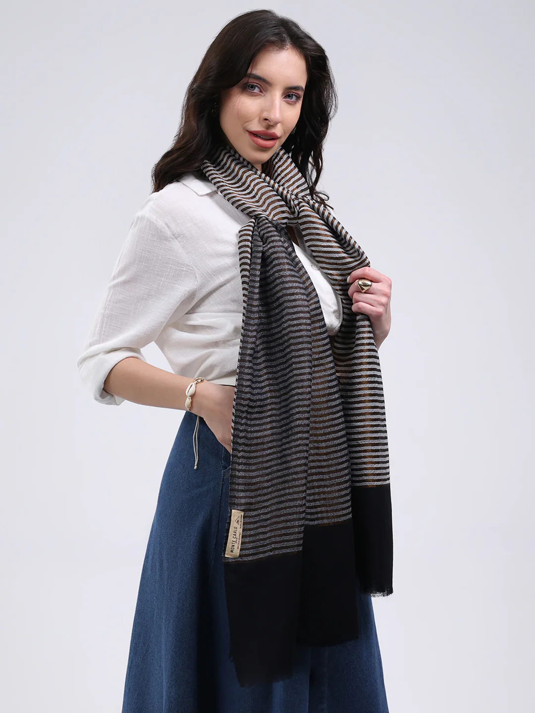 Women Grey & Black Solid Wool Blend Stole - Image 4