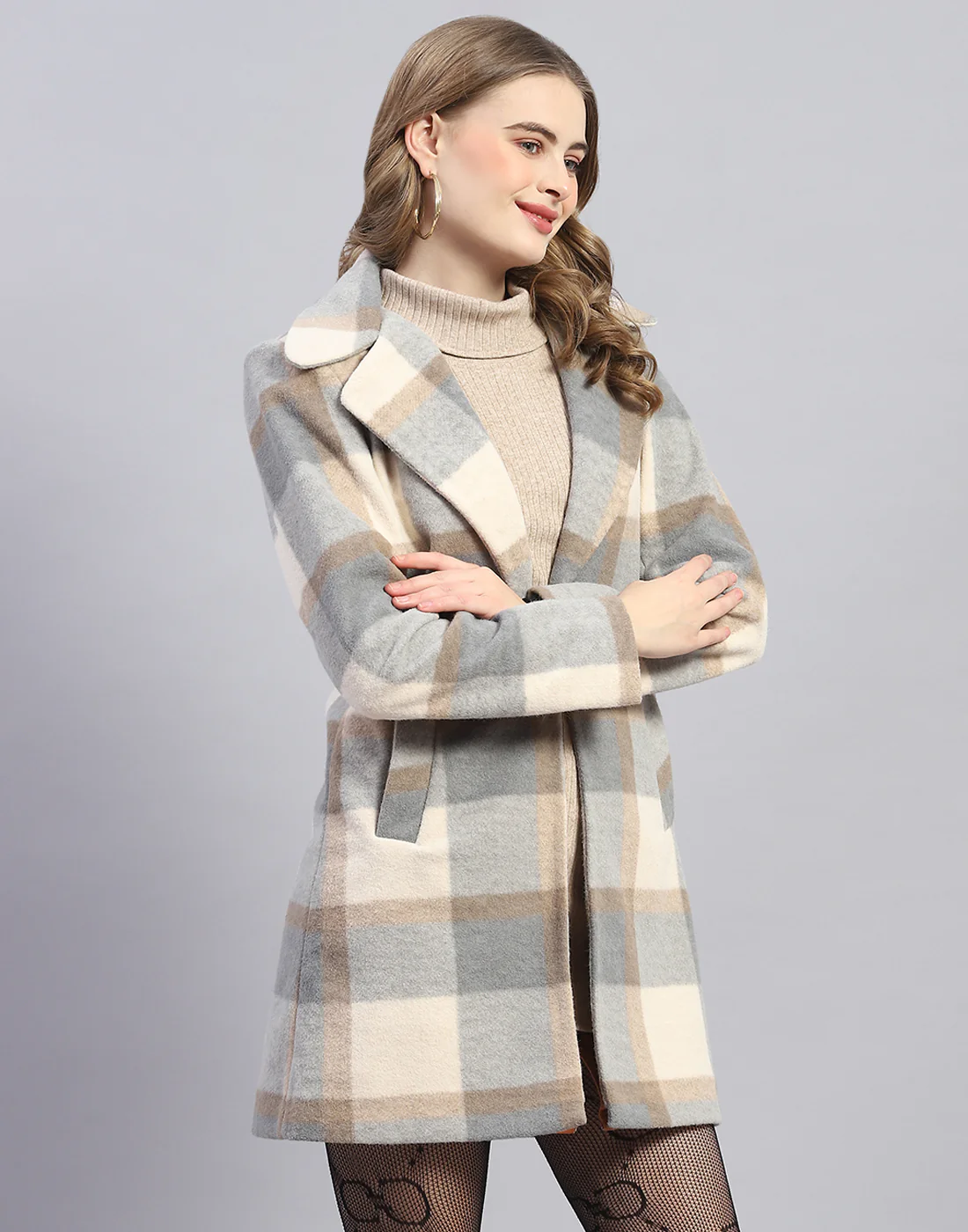 Women Grey Check Lapel Collar Full Sleeve Coat - Image 4