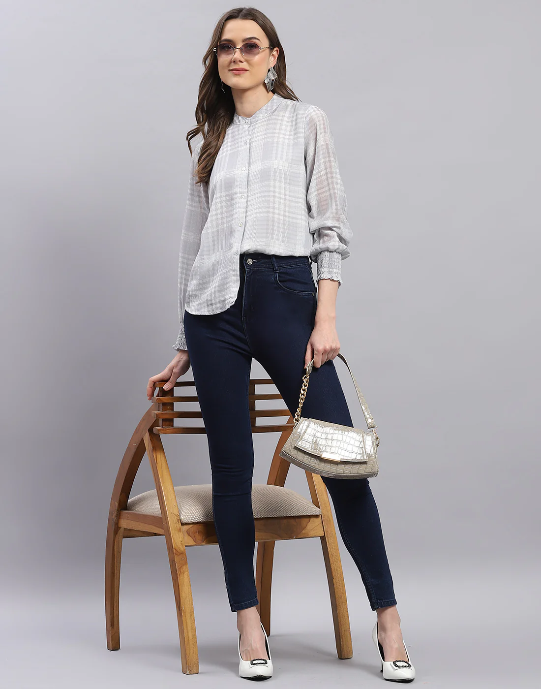 Women Grey Check Mandarin Collar Full Sleeve Top - Image 2