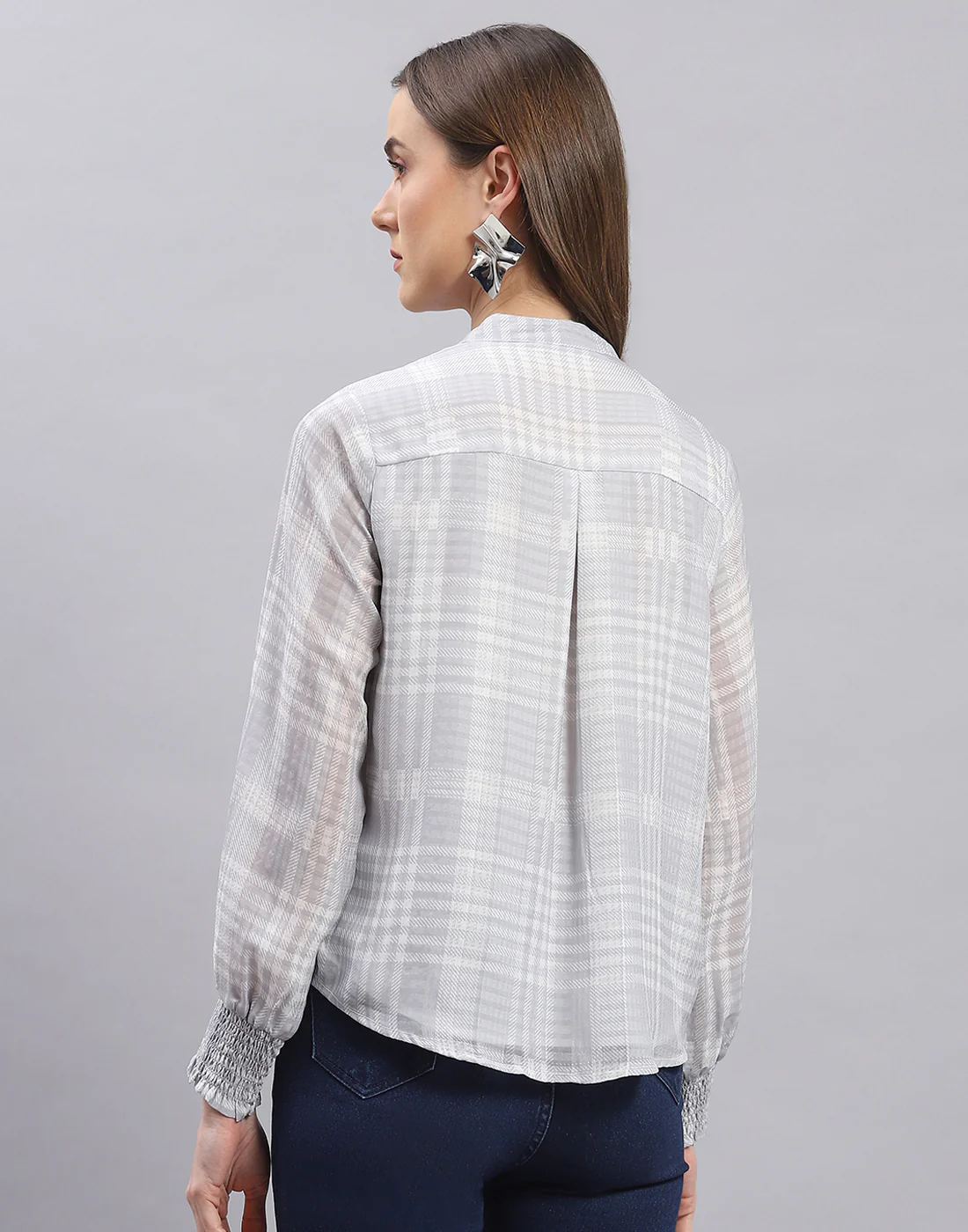 Women Grey Check Mandarin Collar Full Sleeve Top - Image 5