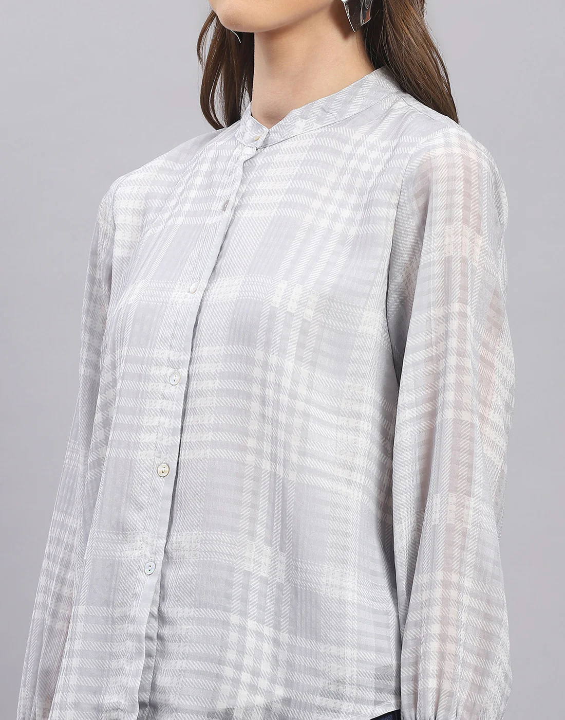 Women Grey Check Mandarin Collar Full Sleeve Top - Image 6