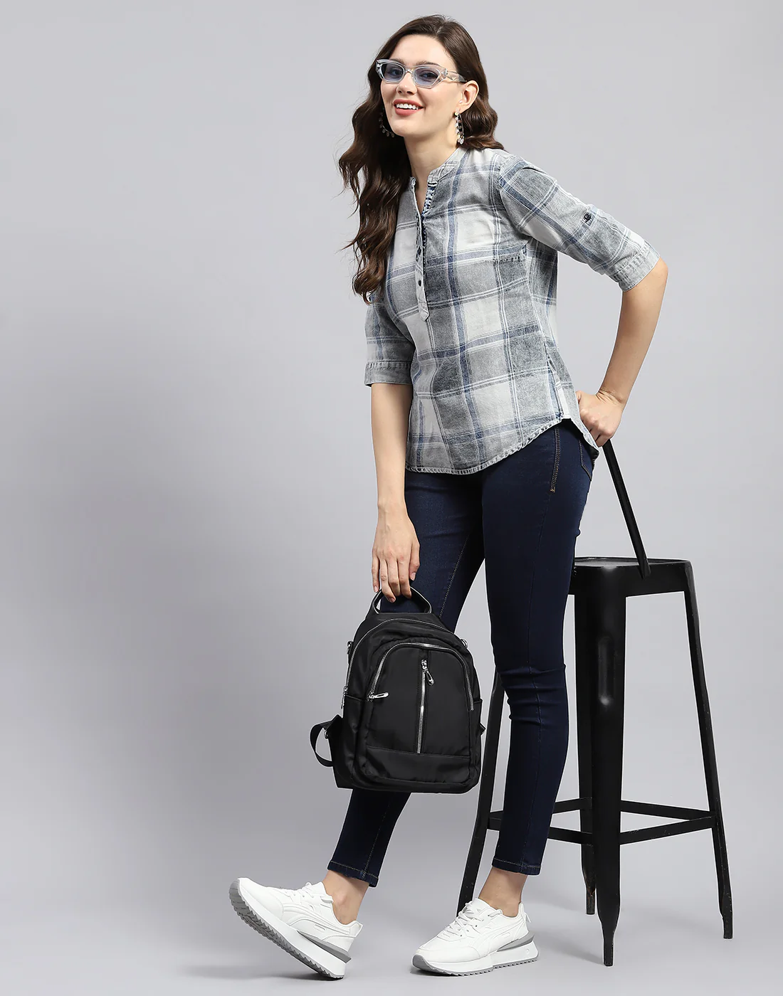 Women Grey Check Mandarin Neck Half Sleeve Top - Image 2