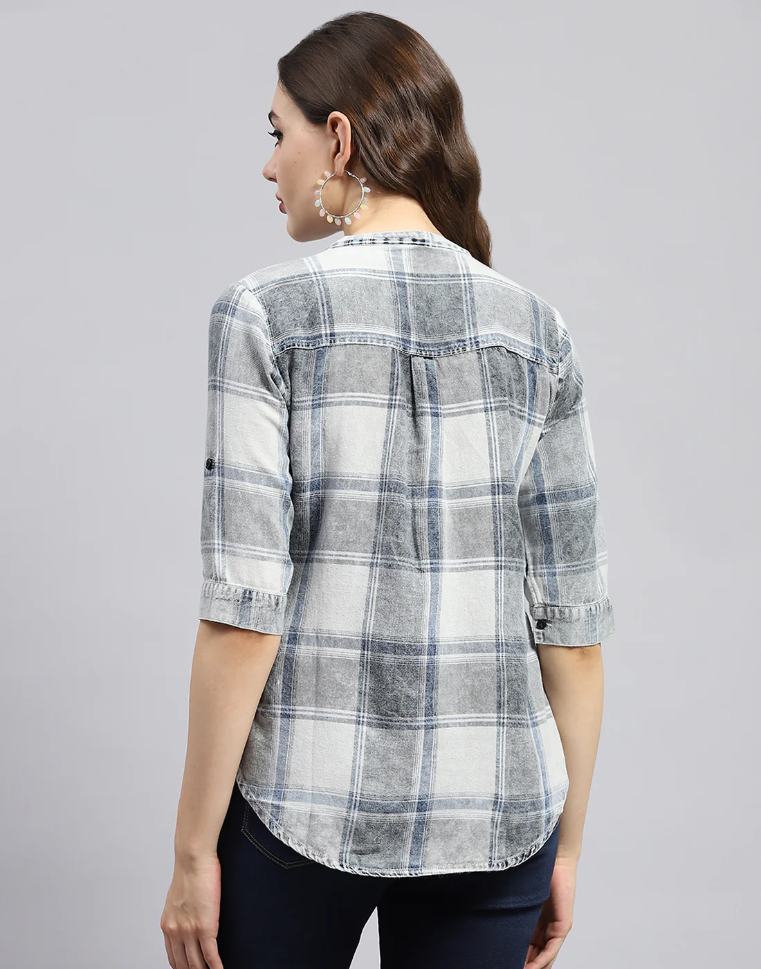 Women Grey Check Mandarin Neck Half Sleeve Top - Image 5