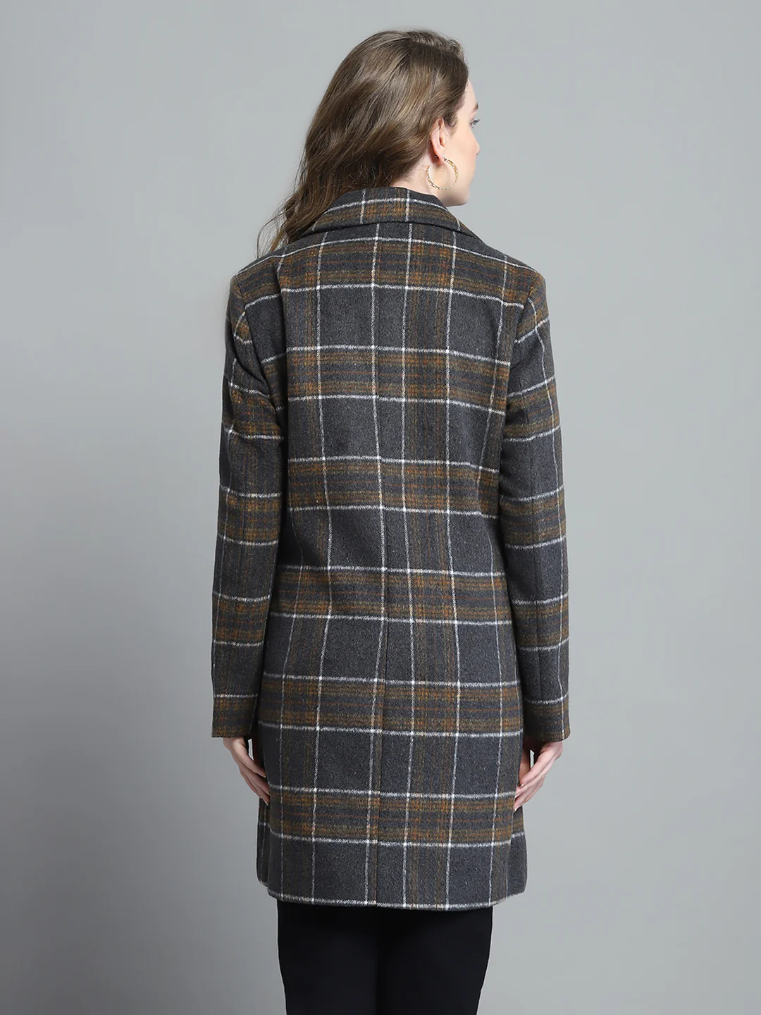 Women Grey Check Notch Lapel Collar Full Sleeve Coat - Image 5
