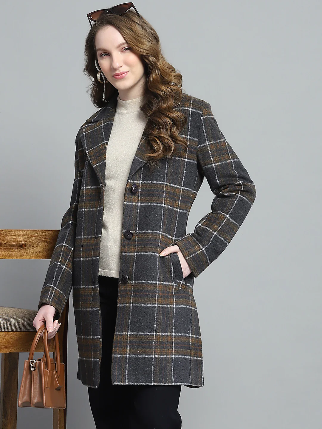Women Grey Check Notch Lapel Collar Full Sleeve Coat - Image 6