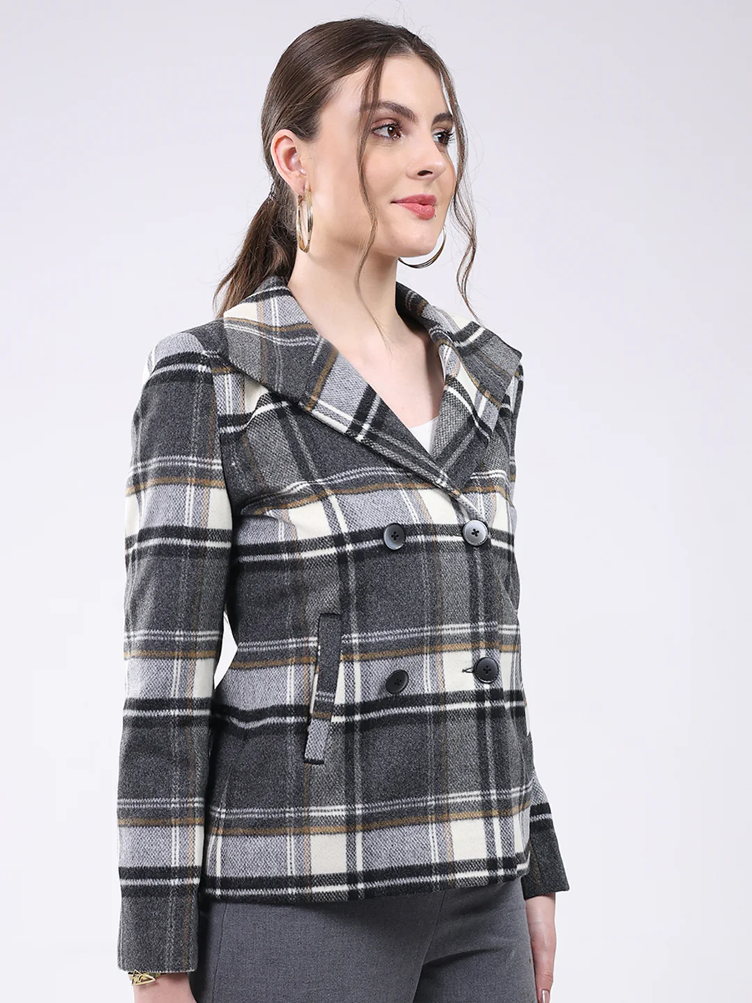 Women Grey Check Notch Lapel Collar Full Sleeve Coat - Image 4