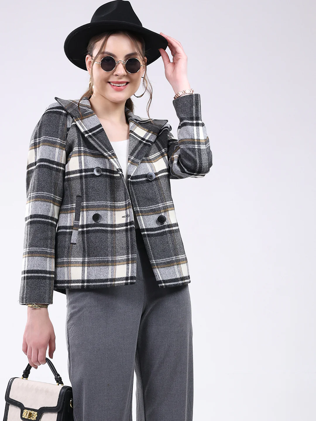 Women Grey Check Notch Lapel Collar Full Sleeve Coat - Image 6