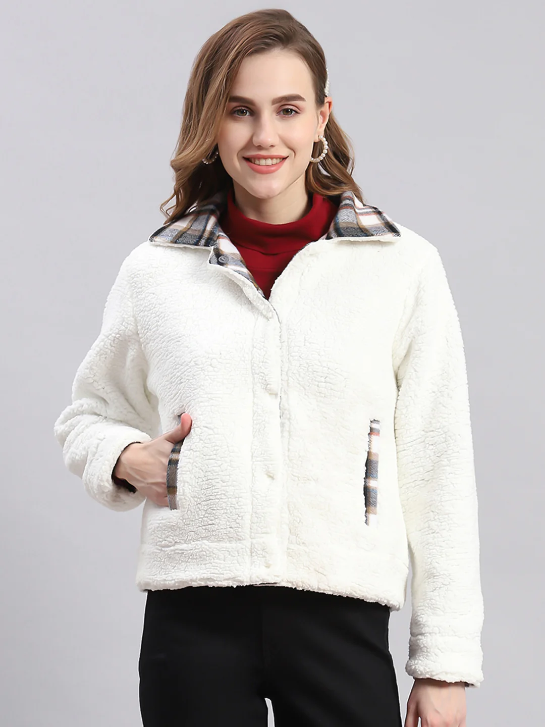 Women Grey Check Spread Collar Full Sleeve Jackets - Image 3