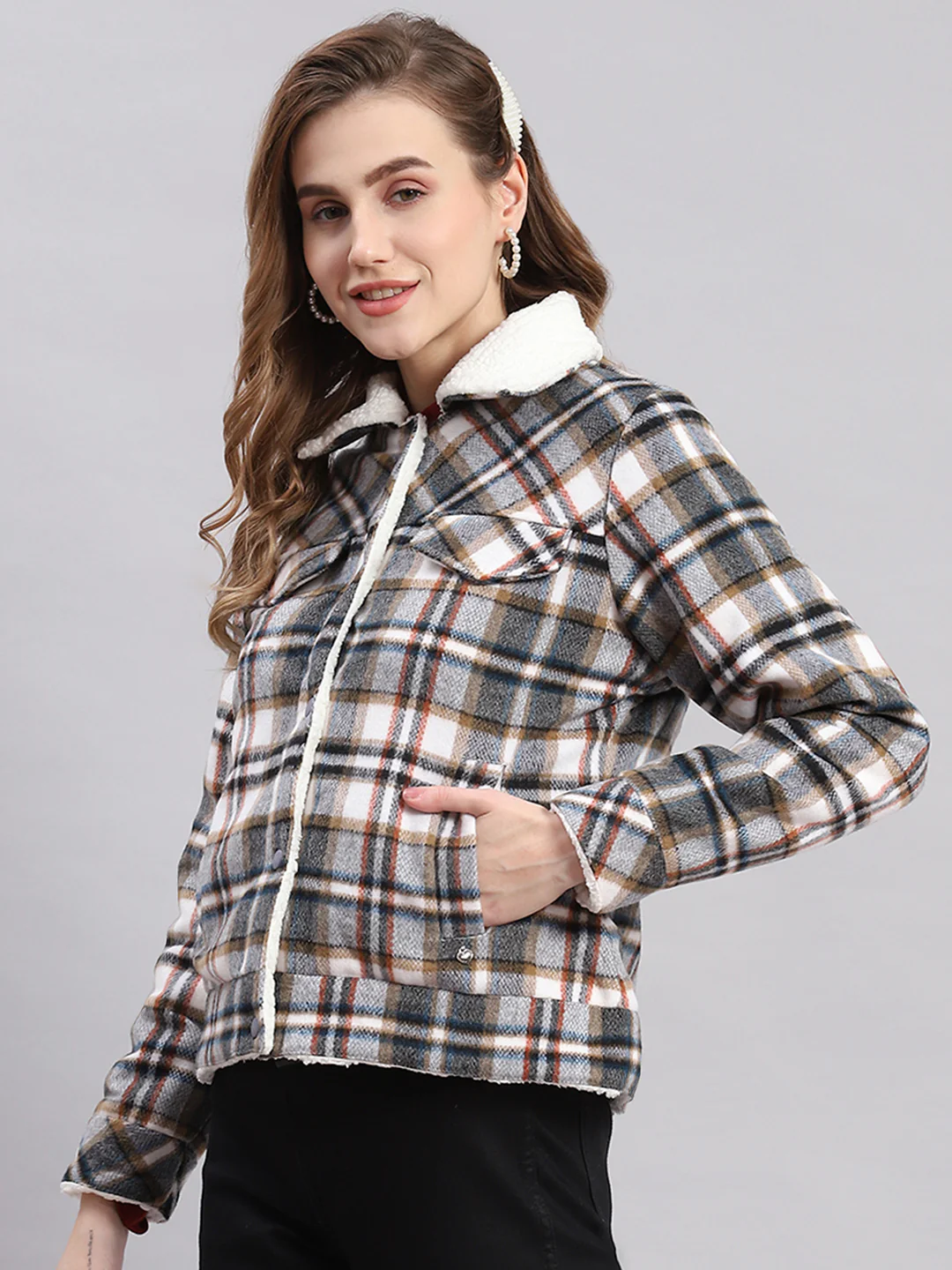 Women Grey Check Spread Collar Full Sleeve Jackets - Image 4