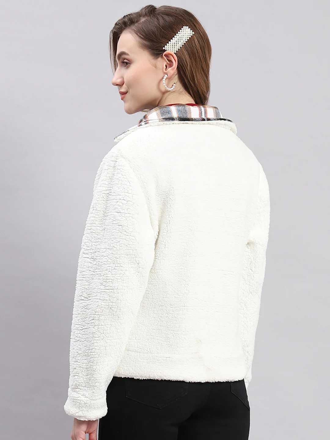 Women Grey Check Spread Collar Full Sleeve Jackets - Image 6