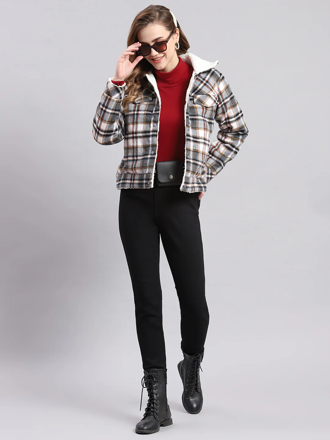Women Grey Check Spread Collar Full Sleeve Jackets - Image 7