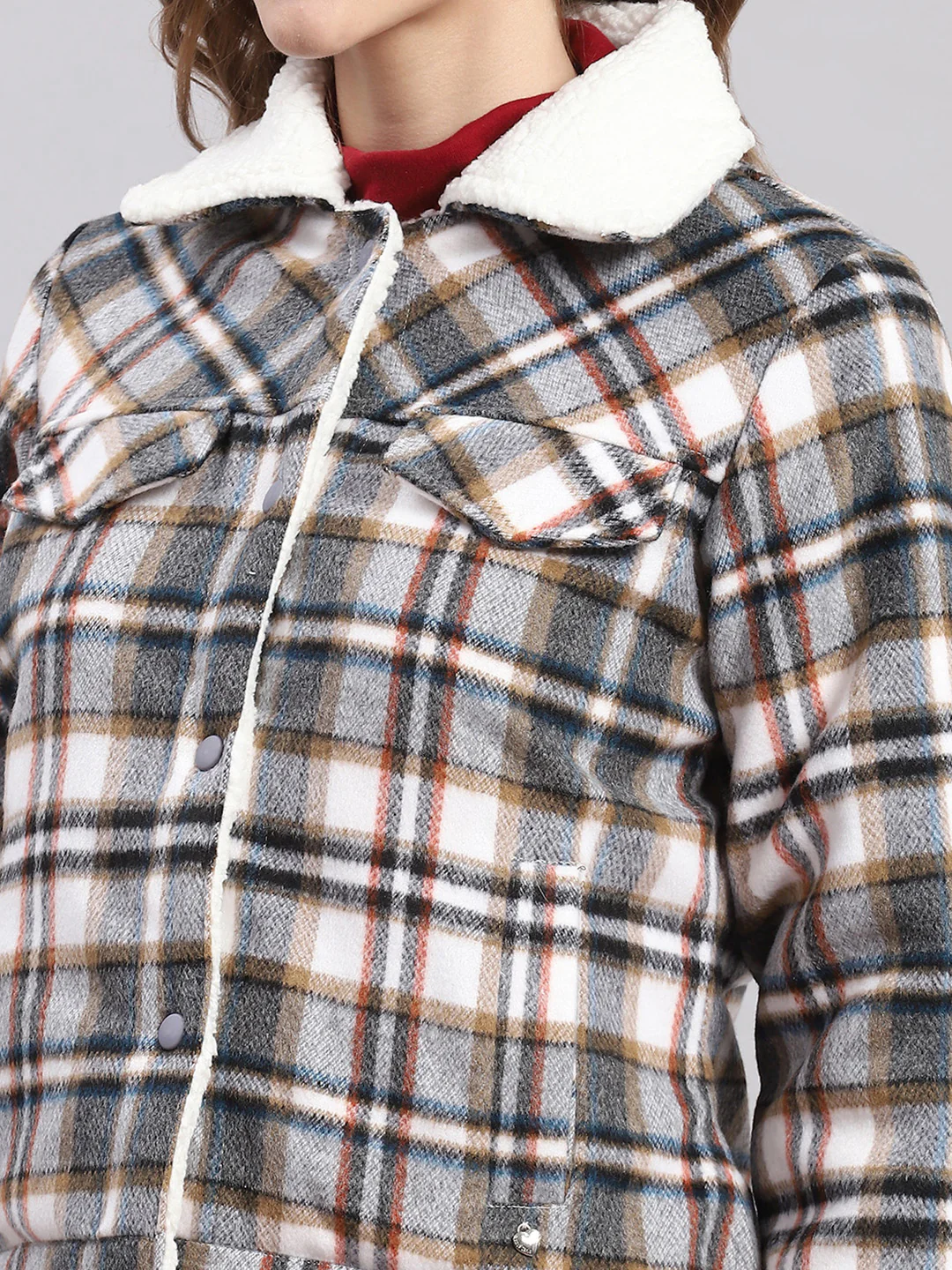 Women Grey Check Spread Collar Full Sleeve Jackets - Image 8