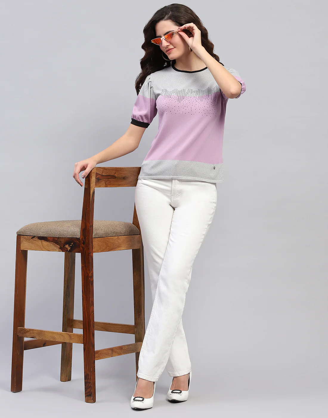 Women Grey Colourblocked Round Neck Half Sleeve Top - Image 2