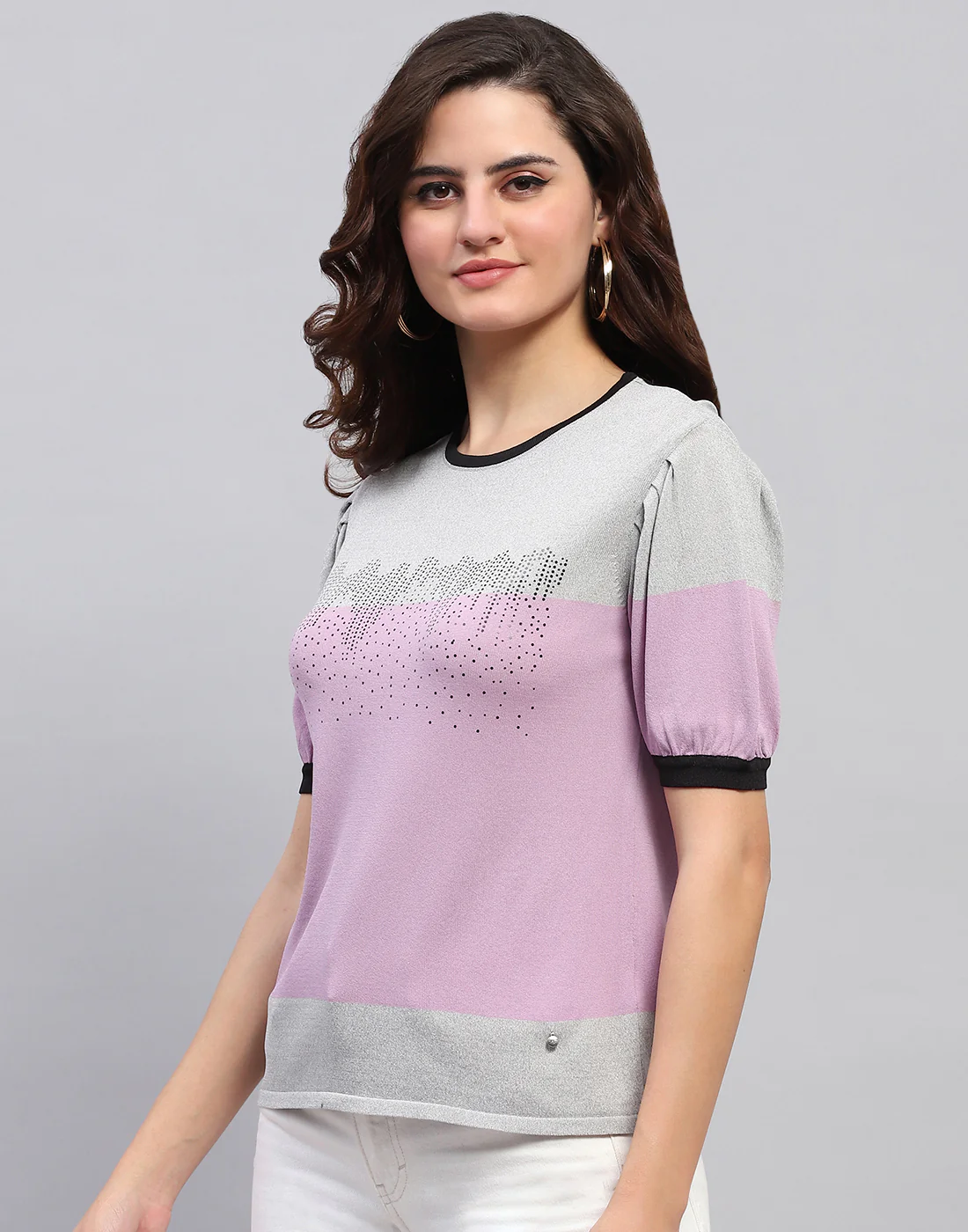 Women Grey Colourblocked Round Neck Half Sleeve Top - Image 3