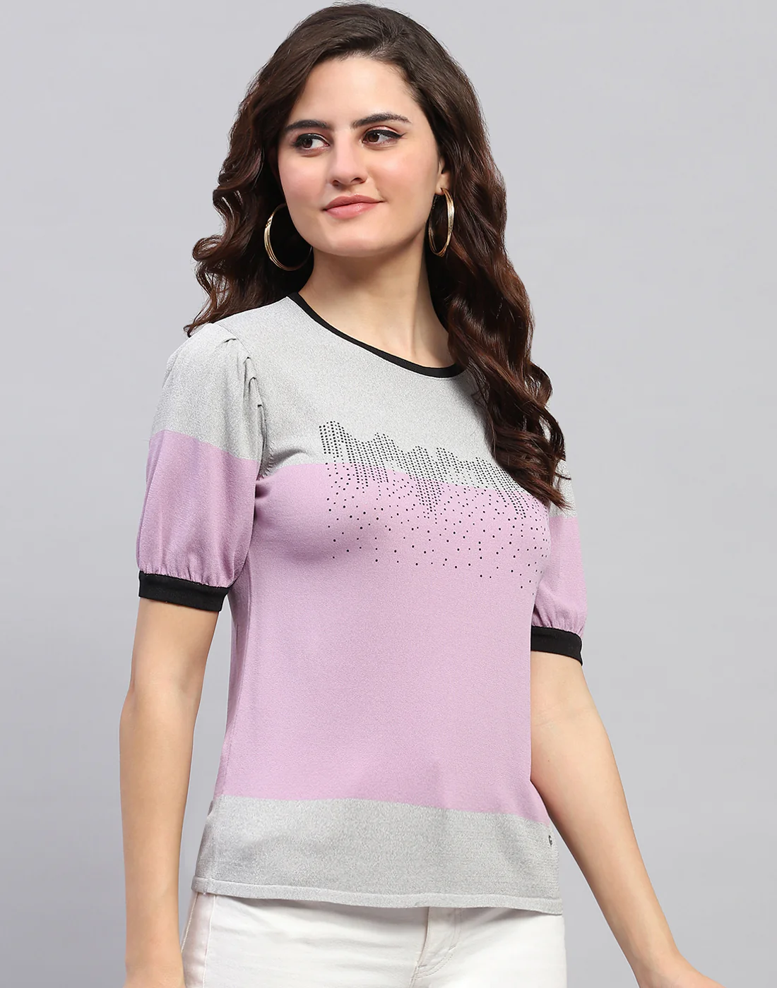 Women Grey Colourblocked Round Neck Half Sleeve Top - Image 4