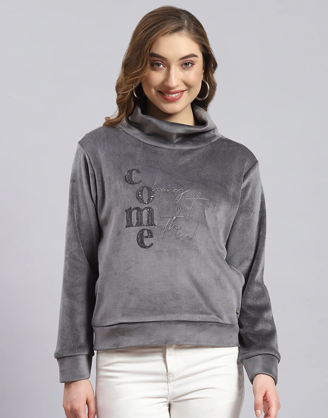 Women Grey Embroidered H Neck Full Sleeve Sweatshirt - Image 3