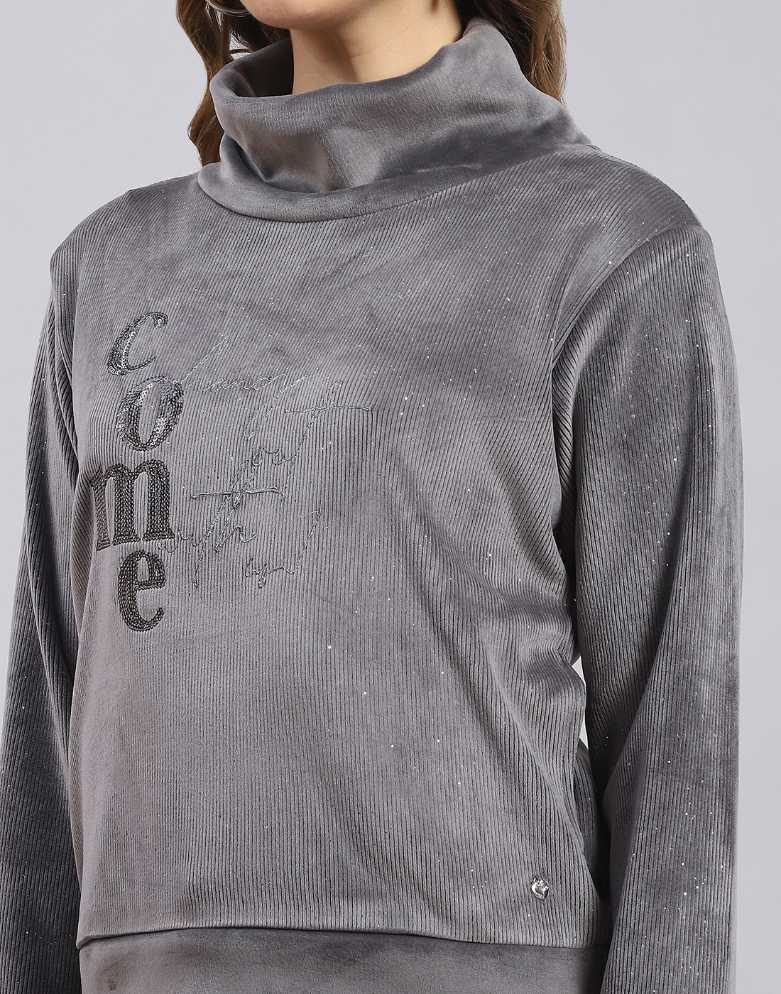 Women Grey Embroidered H Neck Full Sleeve Sweatshirt - Image 7