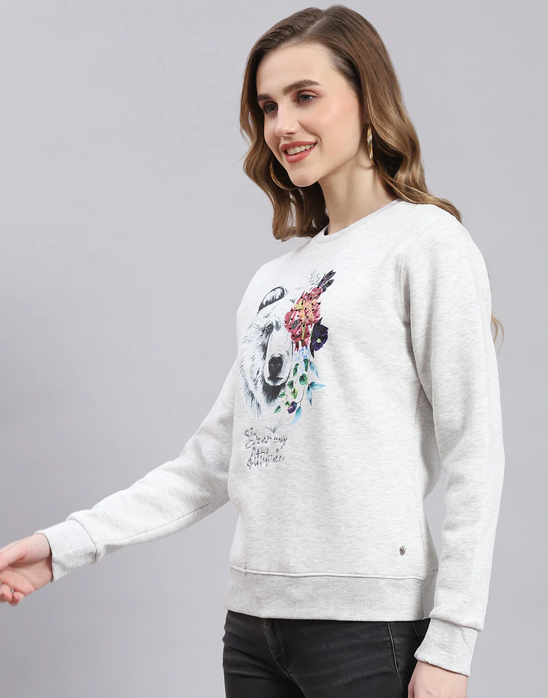 Women Grey Embroidered Round Neck Full Sleeve Sweatshirt - Image 3