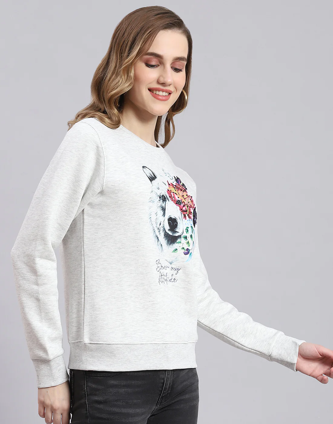 Women Grey Embroidered Round Neck Full Sleeve Sweatshirt - Image 4