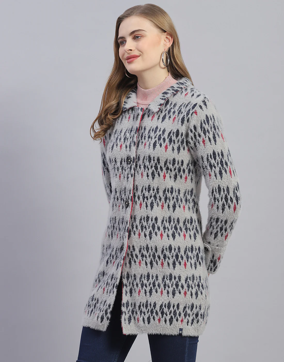Women Grey Jaquard Collar Full Sleeve Coat - Image 3