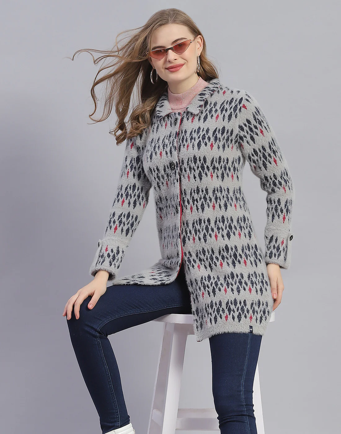Women Grey Jaquard Collar Full Sleeve Coat - Image 6
