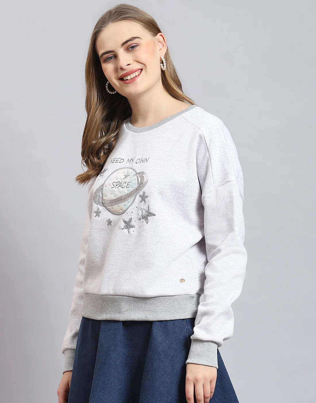 Women Grey Melange Embellished Round Neck Full Sleeve Sweatshirt - Image 2