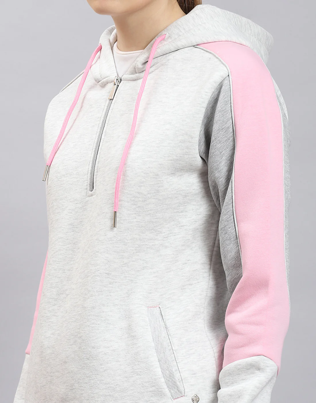 Women Grey Melange Solid Hooded Full Sleeve Tracksuit - Image 6
