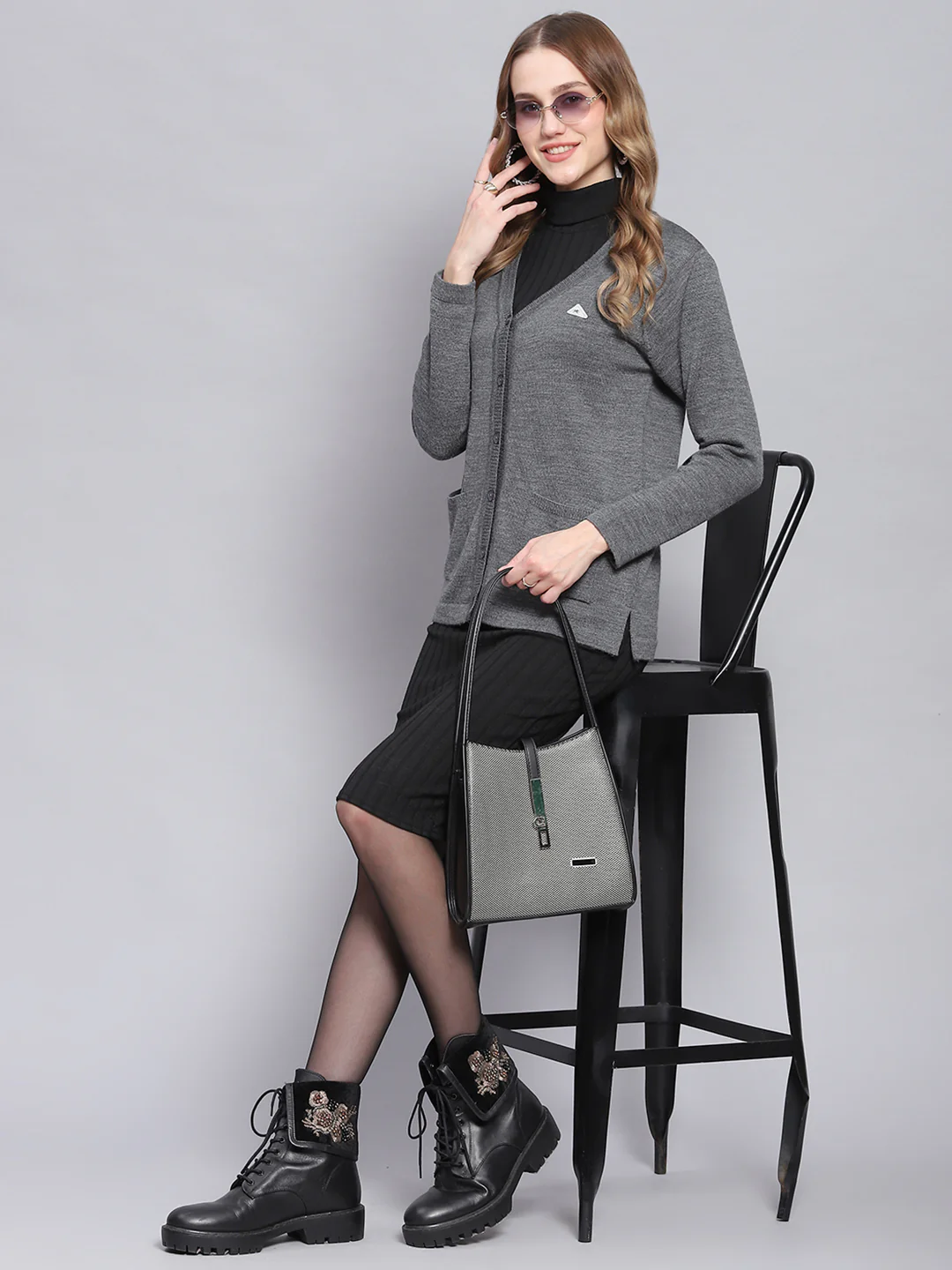 Women Grey Melange Solid V Neck Full Sleeve Cardigans - Image 2