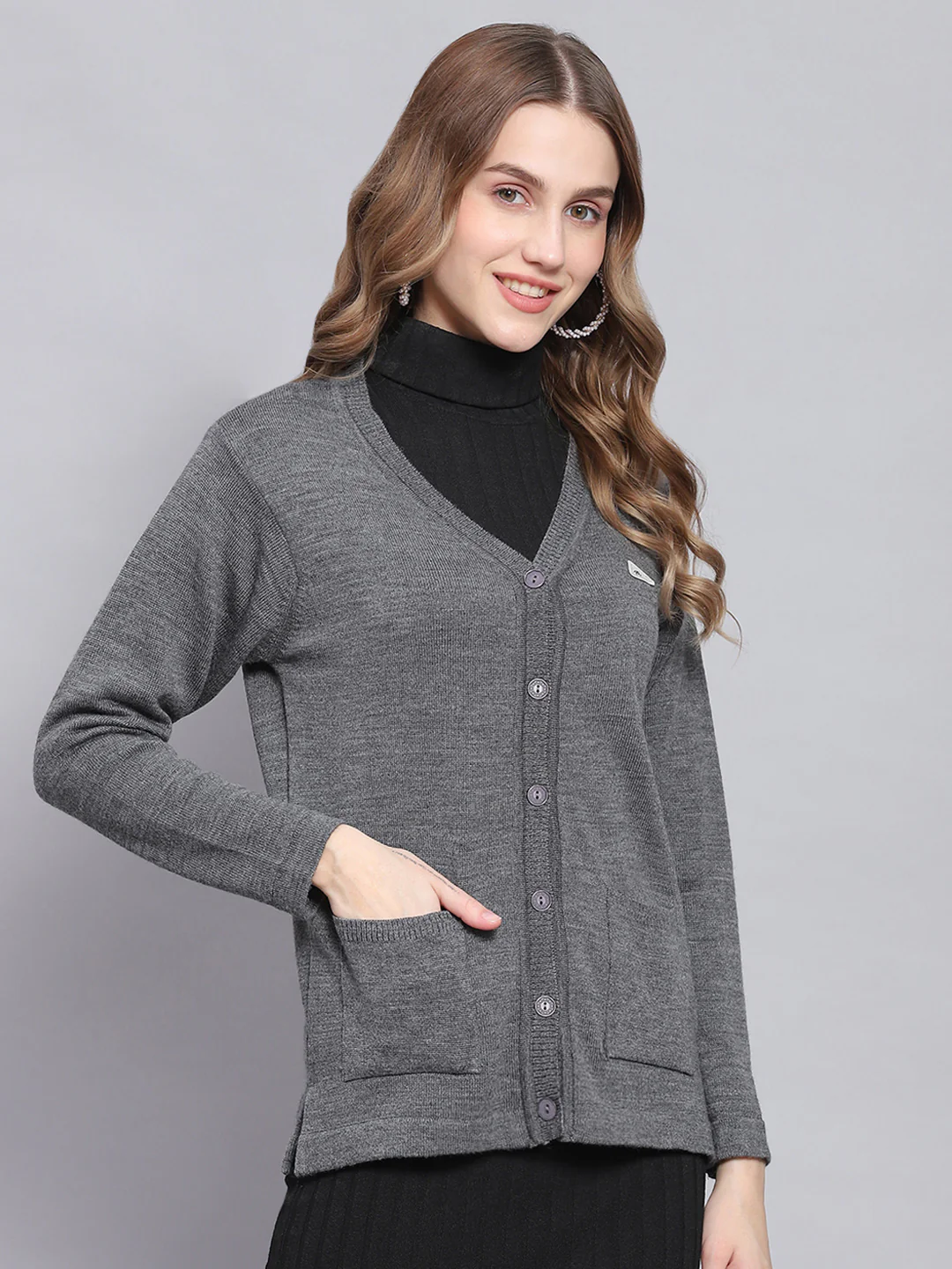 Women Grey Melange Solid V Neck Full Sleeve Cardigans - Image 4