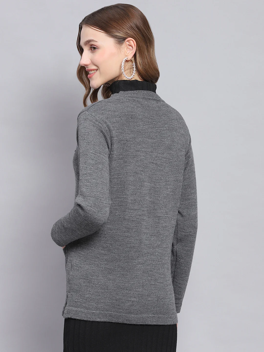 Women Grey Melange Solid V Neck Full Sleeve Cardigans - Image 5