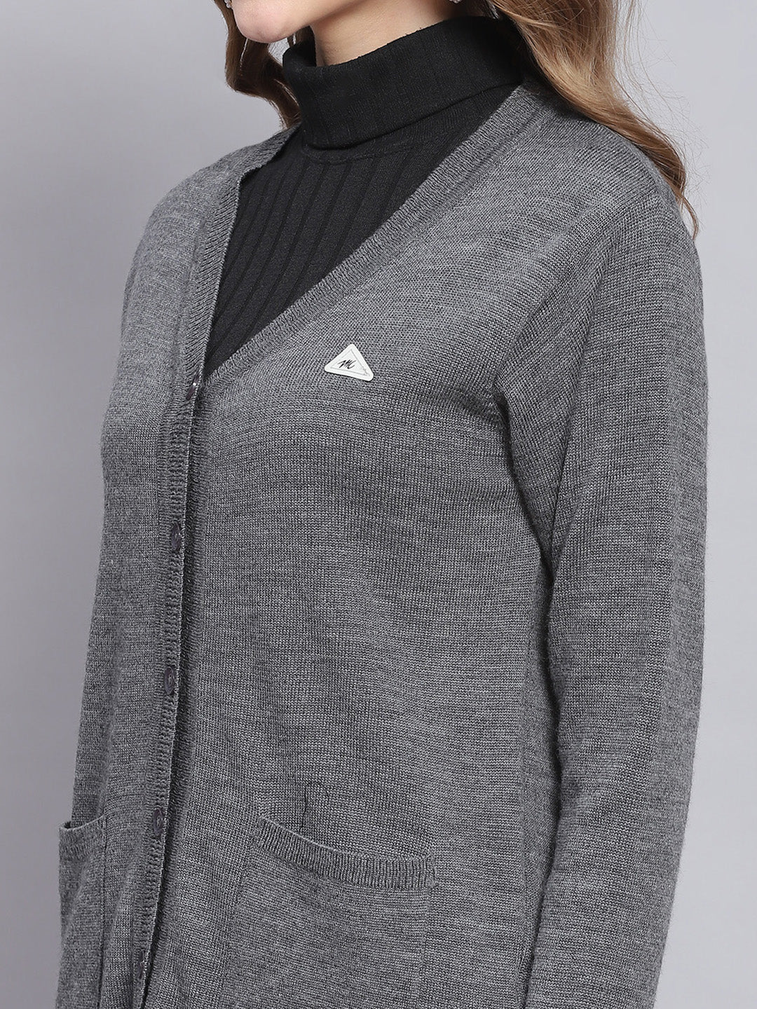 Women Grey Melange Solid V Neck Full Sleeve Cardigans - Image 6