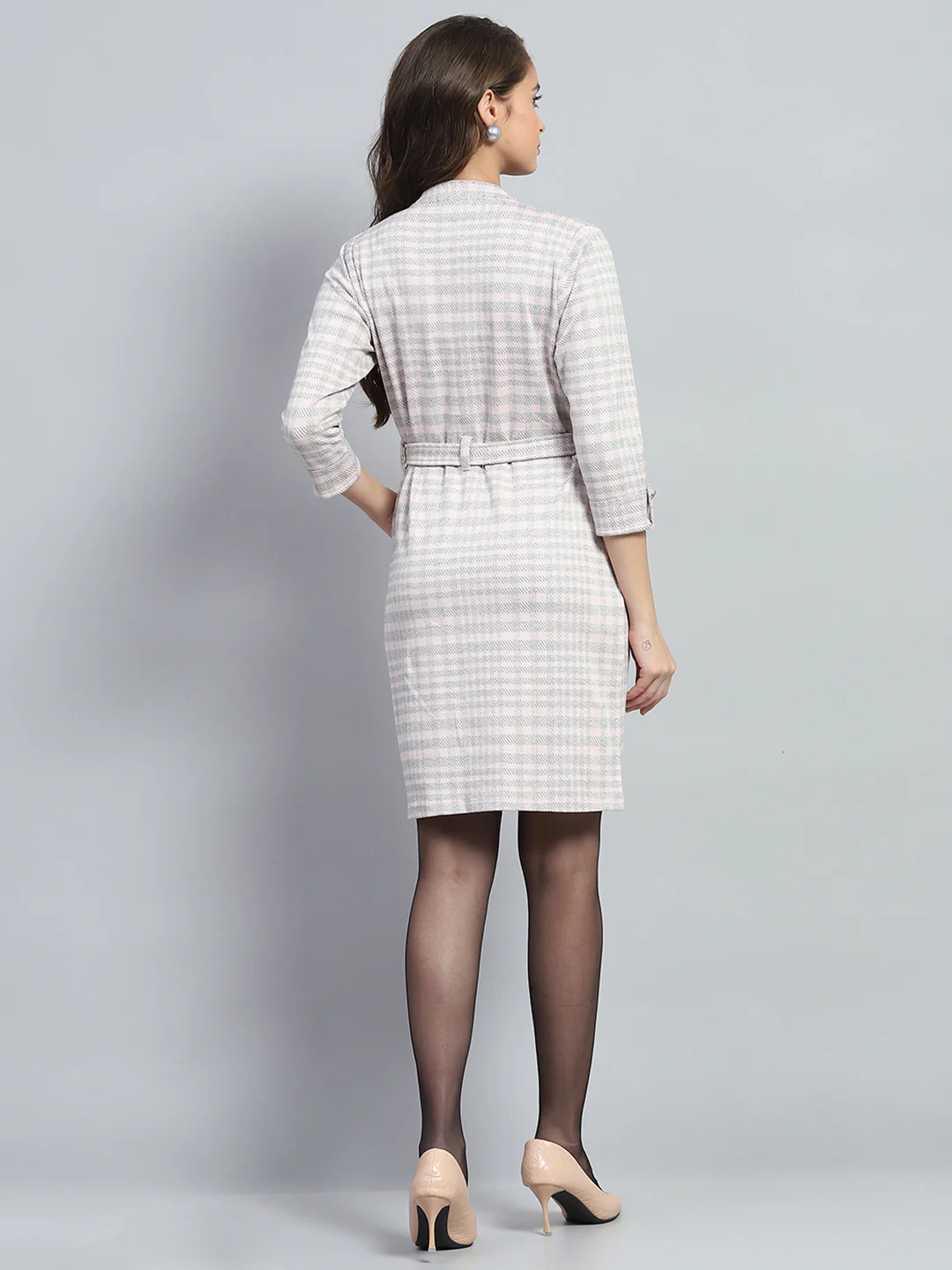 Women Grey & Pink Stripe Round Neck 3/4th Sleeve Dress - Image 5