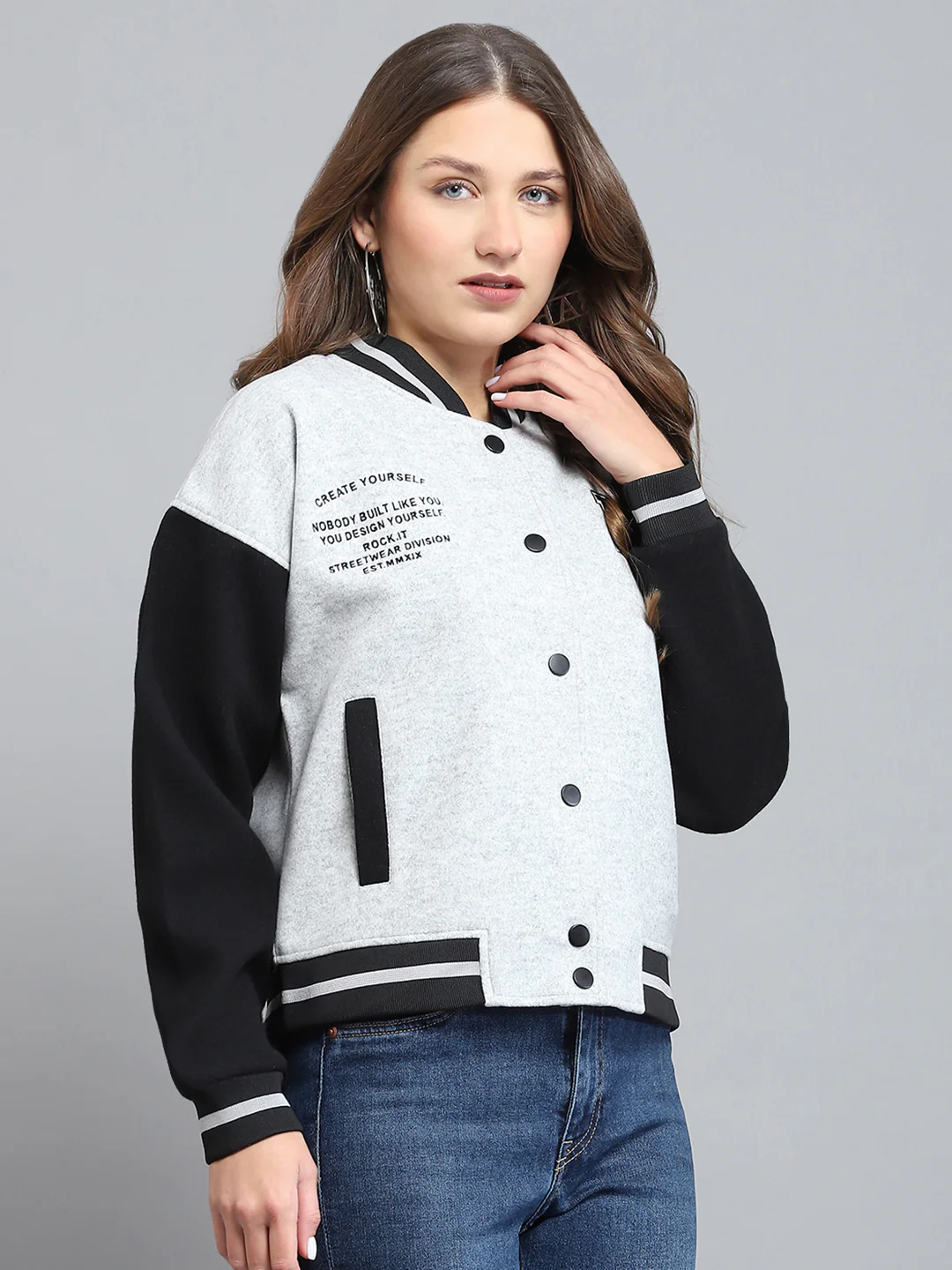 Rock.it Women Grey Printed Band Collar Full Sleeve Jacket - Image 4