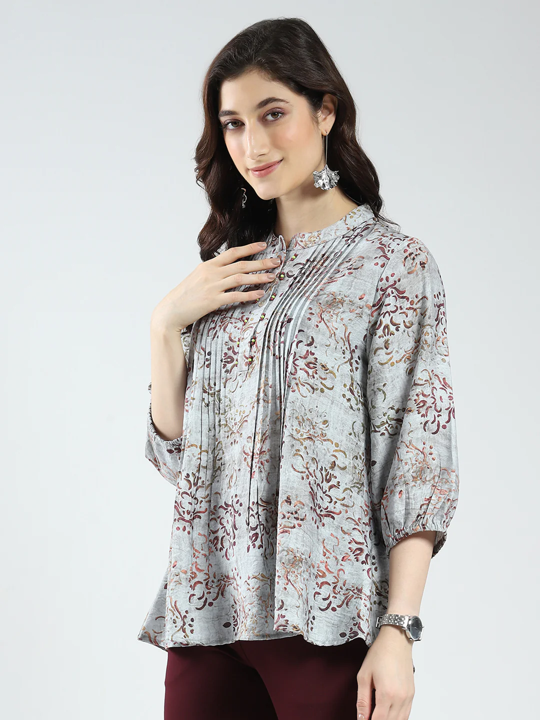 Women Grey Printed Band Neck 3/4th Sleeve Top - Image 3
